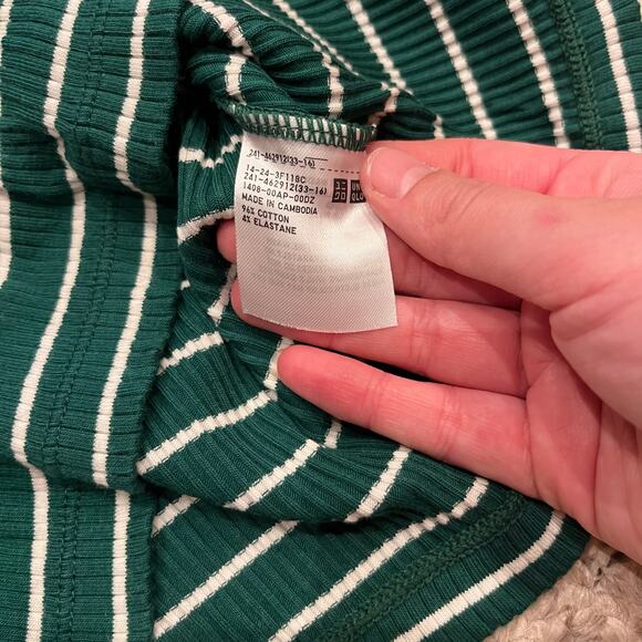 Uniqlo Ribbed Mock Neck Long Sleeve Tee Sz S Green White Stripe Holiday Casual - Picture 5 of 6